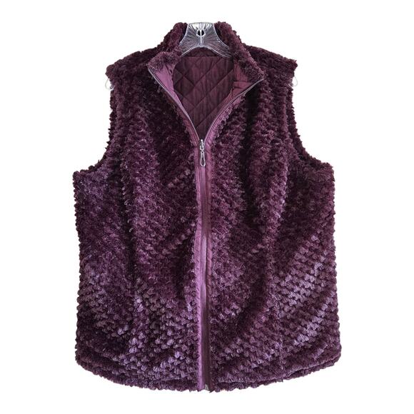 DENIM & CO Women's XL Quilted Reversible Vest Faux Fur Plum Full Zip Puffer 46" - Picture 7 of 9